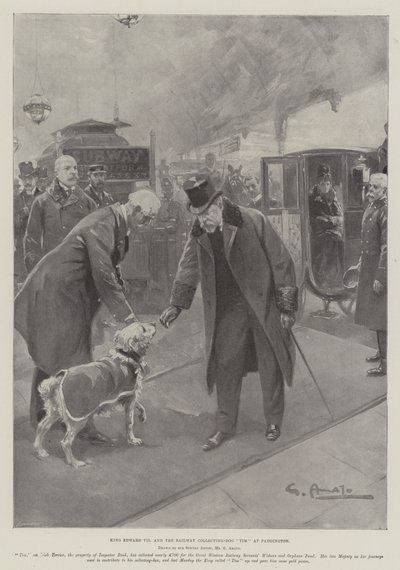 Koning Edward VII en de spoorwegverzamelhond Tim op Paddington door G.S. Amato